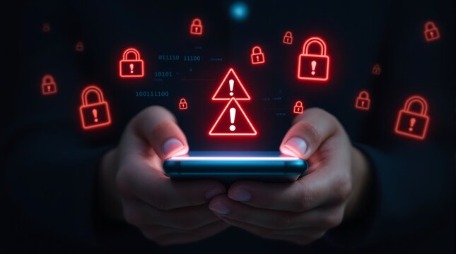 Mobile security alert warning on smartphone device with lock icons and caution sign for data privacy 100