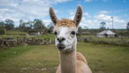 Naklejka premium Alpaca, a domesticated animal known for its wool, showcasing its slender body and prominent ears, reflecting cultural significance