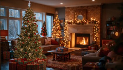 Fototapeta premium Christmas ornaments adorning a whimsical tree, a warm fireplace, and wrapped gifts, festive ambiance