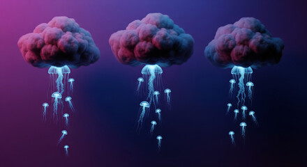 Dark Clouds Releasing Glowing Jellyfish on Gradient Background