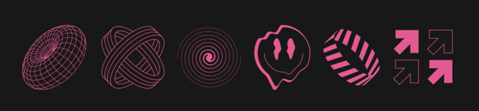 Retro futurism elements. Set of 6 retro style abstract design elements. Example: Torus, Spiral, Smiley, Capsule, Arrows. Design signs for web page, mobile app, packaging design. Vector illustration