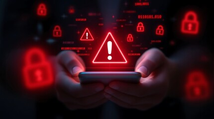 Mobile security alert warning on smartphone with red lock icons cyber security threat protection concept