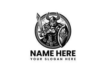 Fototapeta premium Majestic Armored Female Warrior Logo with Sword and Shield – A Striking Symbol of Power, Bravery, and Resilience for Medieval Themes, Gaming Clans, and Esport Branding