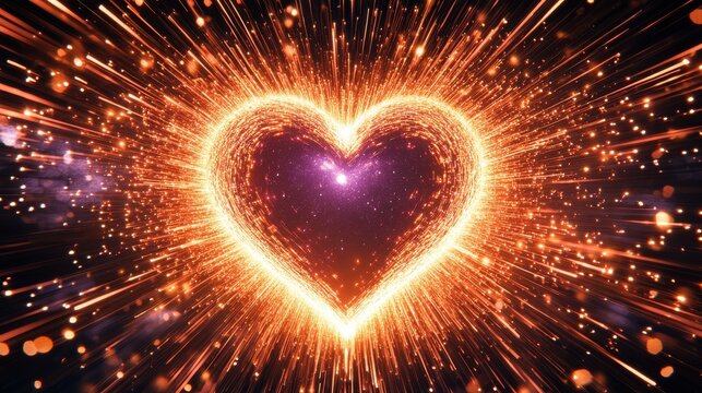 Glowing heart shape made of bright orange and yellow sparks exploding outwards on a dark background