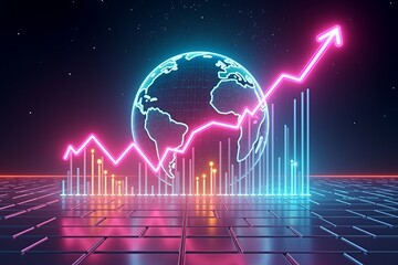 A futuristic cyberpunk scene featuring a glowing digital globe on the left and a vibrant, ascending neon arrow graph on the right symbolizing global growth, innovation, and technological progress aga