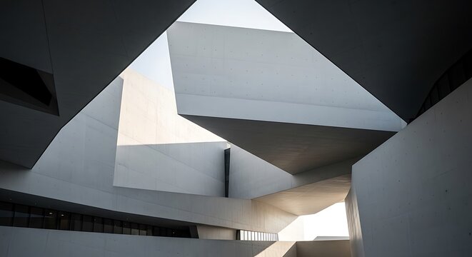 Dynamic interplay of light and shadow on contemporary architectural forms, highlighting abstract concrete structures and geometric precision within a modern complex