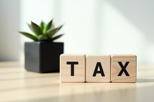 Wooden blocks spelling "TAX" sit on a desk beside a small potted succulent, symbolizing financial or fiscal concepts in a clean, minimalist setting.
