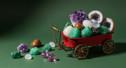 Gemstone-Filled Toy Wagon on Green Background