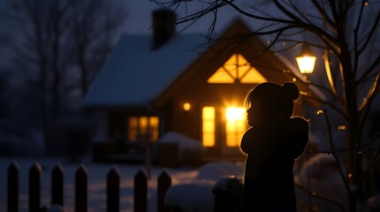 Silhouette of a person standing by a lantern near a cozy, illuminated house on a snowy winter night.