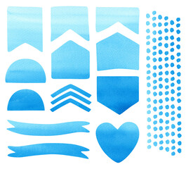 Collection of blue watercolor shapes and design elements. Hand-painted and cut-out digital set with banners, dots, heart, and geometric forms.