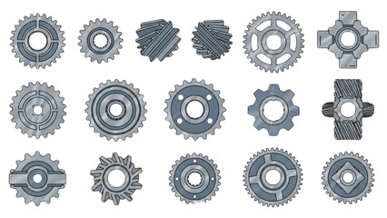 A detailed set of various industrial metal gears, cogs, and sprockets for mechanical concepts
