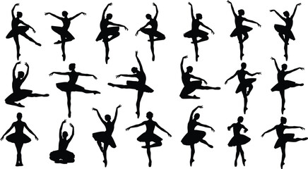 Silhouette ballerinas in ballet poses, black outline figures, classical dance movements, minimal vector design, graceful posture concept, performing arts illustration, choreography reference