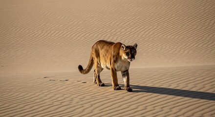 Majestic puma walking across sunlit sand dunes in a vast desert.