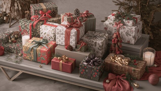 Holiday gift arrangement, festive decorations and accessories on a neutral table, seasonal celebration