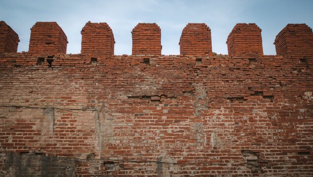 Old Fortress Brick Wall Deteriorating Due To Time And Weather, Maintenance Neglect Impacting Structural Integrity