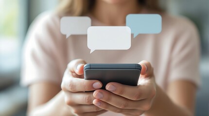 Woman using smartphone for texting and messaging with speech bubbles for communication concept idea