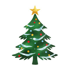 A watercolor illustration of a decorated Christmas tree with a star topper for holiday greeting cards and festive party invitations.