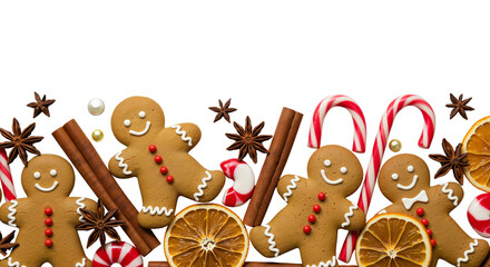 A festive border of gingerbread men, candy canes, and dried spices for holiday baking blogs and Christmas recipe cards.Transparent Background, Cutout