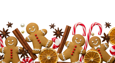A festive border of gingerbread men, candy canes, and dried spices for holiday baking blogs and Christmas recipe cards.Transparent Background, Cutout