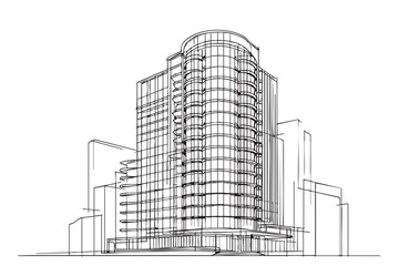High rise building sketch. Line art