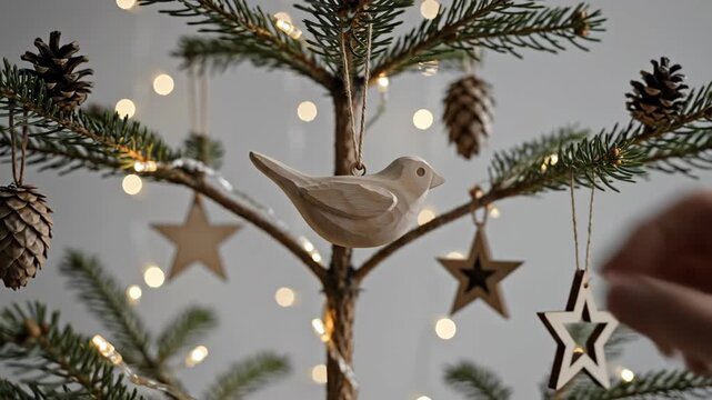 Christmas tree ornaments enhance festive atmosphere, creating welcoming mood. Christmas tree ornaments feature decorative bird with wooden star shapes and pine cones.