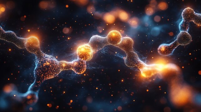 Abstract digital art of illuminated, glowing organic chain with blurred particles on dark backdrop - Powered by Adobe