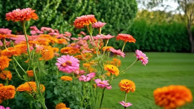 Colorful blooming zinnias in summer garden at sunset