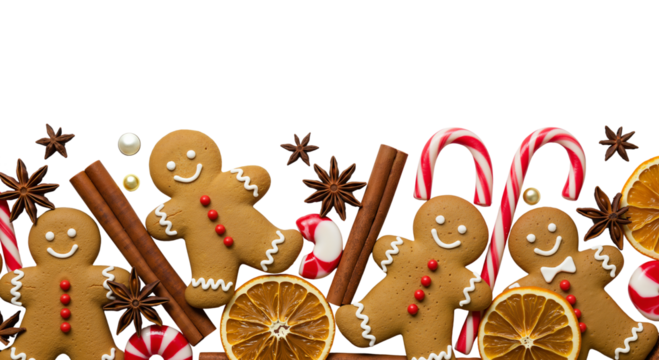 A festive border of gingerbread men, candy canes, and dried spices for holiday baking blogs and Christmas recipe cards.Transparent Background, Cutout