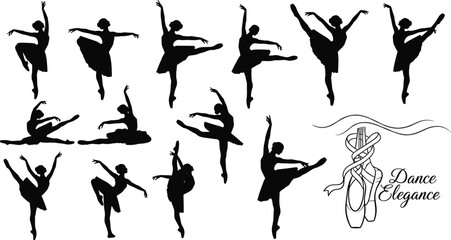 Silhouette ballerinas in ballet poses, pointe shoes illustration, black outline figures, minimal vector design, graceful movement concept, performing arts, dance elegance theme © Ideasy Mind