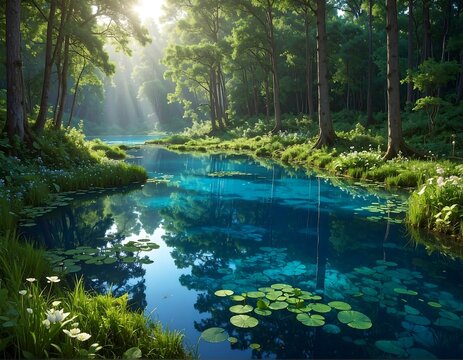 Serene scene of a sunlit forest with a crystal-clear, blue lake reflecting the trees and sky. Greenery and flowers frame the water