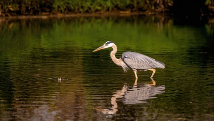 Grey heron standing in the water, observing its surroundings, seasonal change