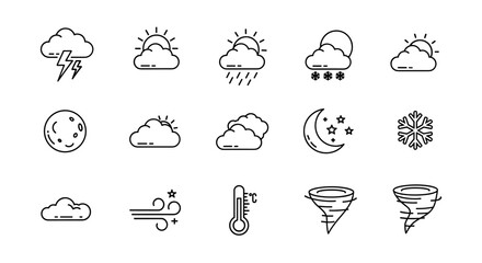 Modern outline style icon set for weather forecasting and design elements, featuring lightning under a cloud, sun behind clouds, rain, snow, moon and stars, snowflake, wind, thermometer, and
