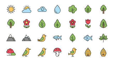 Set of vibrant and simple vector symbols representing nature, including sun, clouds, raindrops, trees, flowers, leaves, mountains, birds, fish, mushrooms, and beehives, perfect for banners