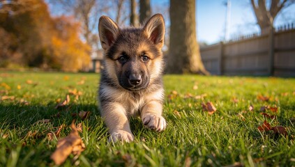 A playful German shepherd puppy exploring the yard on a bright autumn afternoon, curiosity in the air