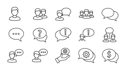 A comprehensive set of line icons representing people and speech bubbles, perfect for graphic and web design, app development, advertising, and various card applications. This vector illustration