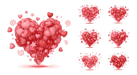 A dynamic 3D animation of a heart shape exploding into a multitude of smaller hearts, stars, and swirls, rendered in vibrant shades of red and pink. This motion graphic, featuring an alpha channel