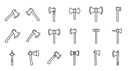 Set of minimalistic linear axe icons, featuring various axe types like battle axes, throwing axes, and standard axes, presented as clean vector line art. This collection offers versatile pictograms