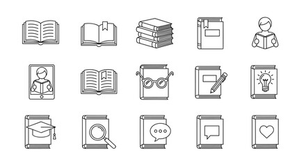 Collection of outline icons representing books and reading, featuring an open book, a stack of books, a person reading on a tablet, a book with glasses, a graduation cap on a book, a magnifying glass