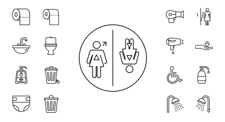 Collection of black and white line icons representing various restroom and bathroom amenities, including toilet paper, sinks, toilets, soap dispensers, trash cans, diapers, hand dryers, accessibility