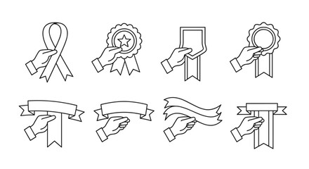 Collection of minimalistic line icons featuring hands holding various award ribbons, badges, and banners, perfect for web, graphic design, apps, banners, social networks, cards, and more, presented