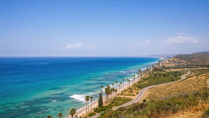 Aerial perspective of a shoreline featuring water, sand, trees, and a scenic road during summer travel