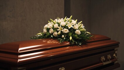 A coffin adorned with floral arrangements in a funeral home, reflection on loss