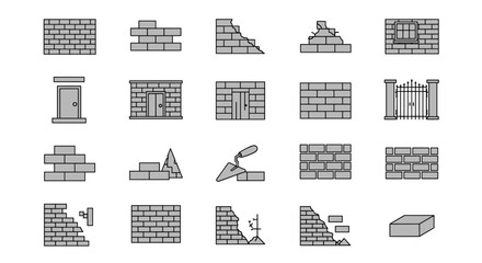 Collection of simple, isolated line icons representing brick walls, doors, gates, and construction elements, suitable for web, books, cards, and apps. This editable stroke vector cartoon illustration