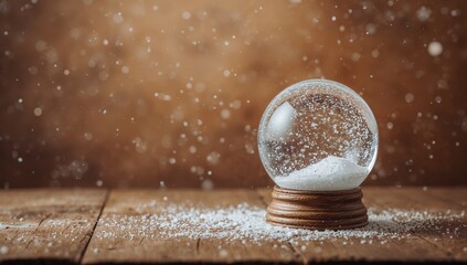 Vintage snow globe with no contents on a textured surface, surrounded by falling snow, light beams, and sparkles. Space for text included.