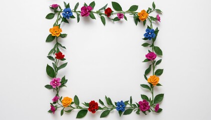 Fototapeta premium Flower frame, vibrant assortment of blossoms including blue, purple, yellow, and red roses, suitable for decorative use