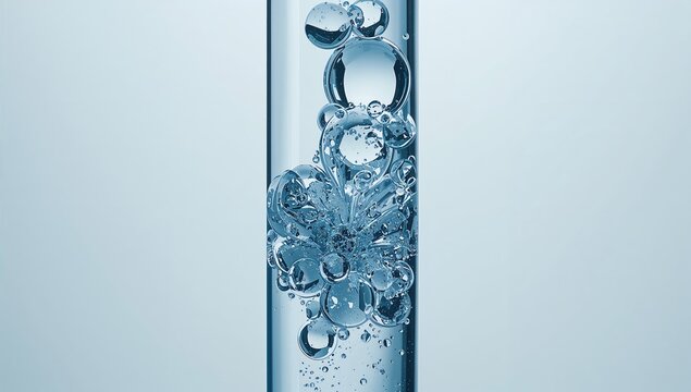 Close-up of various-sized transparent bubbles drifting in a glass tube filled with clear liquid, exploring the theme of product formulation