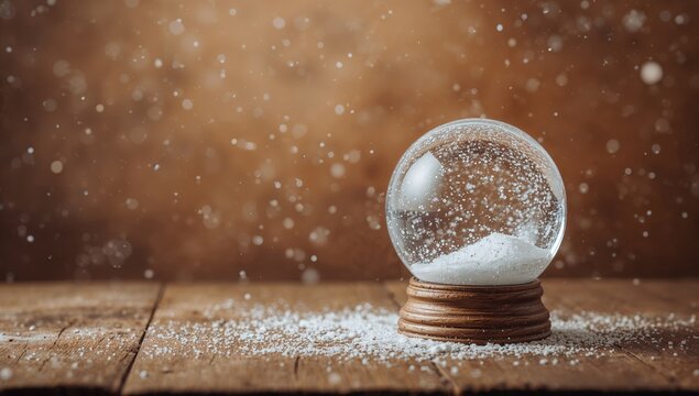 Vintage snow globe with no contents on a textured surface, surrounded by falling snow, light beams, and sparkles. Space for text included.