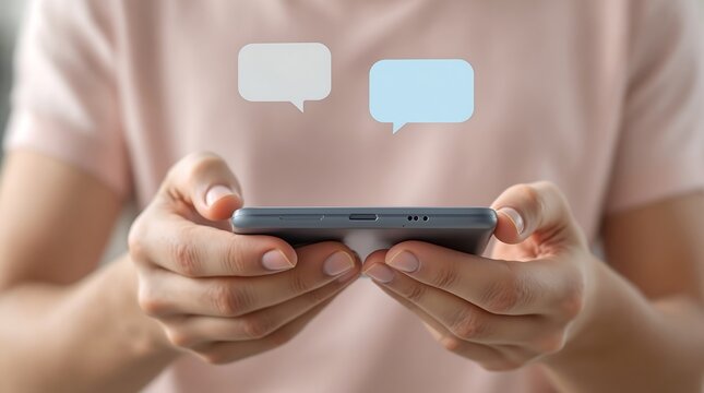 Person holding smartphone with speech bubbles for online messaging and social media communication app