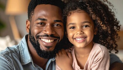 Smiling dad and daughter with curly hair in close-up, casual portrait, showing happy family love and connection indoors
