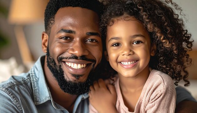 Smiling dad and daughter with curly hair in close-up, casual portrait, showing happy family love and connection indoors